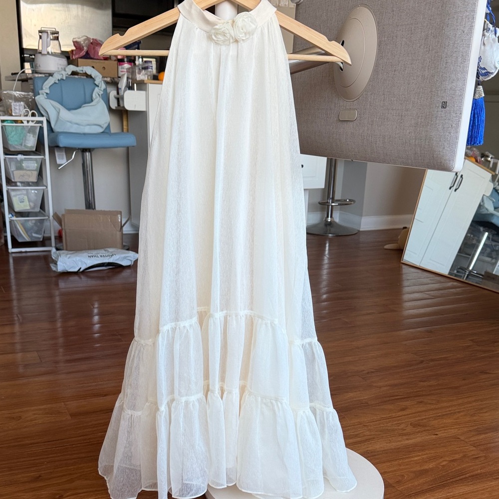Ivory Halter Tiered Maxi Dress with Floral Neck